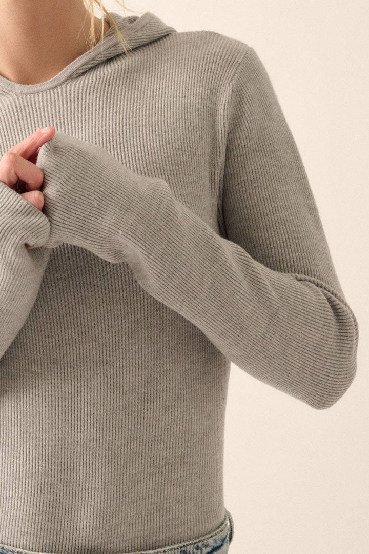 Solid Ribbed Knit Hooded Bodysuit