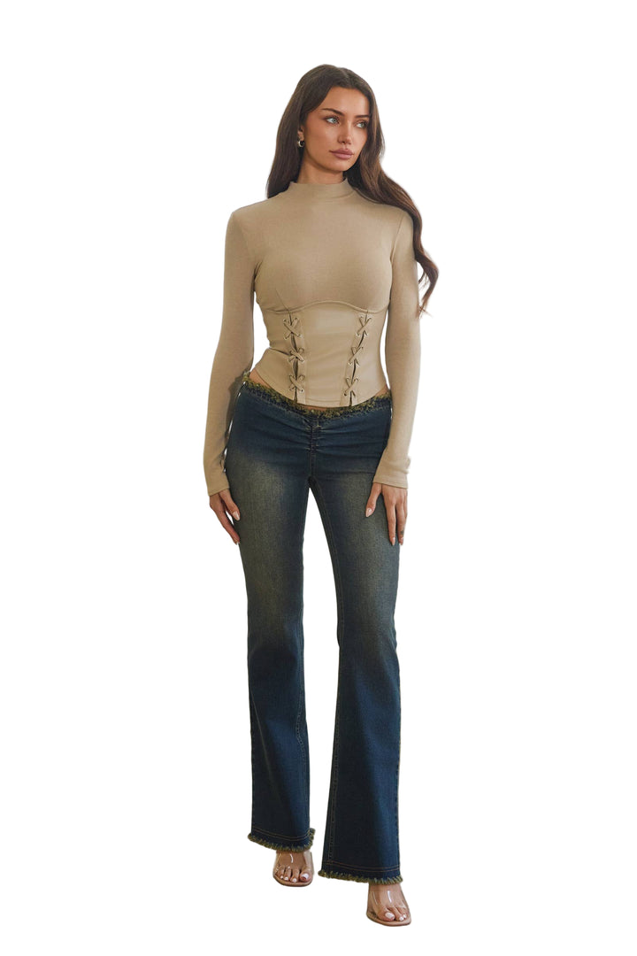 Mock Neck Top with Contrast Tie Bodice
