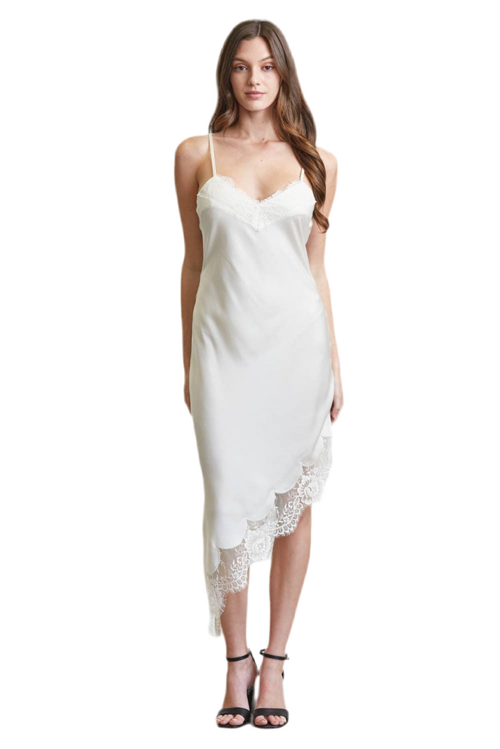 Scalloped Lace Edge Asymmetric Hem Satin Dress