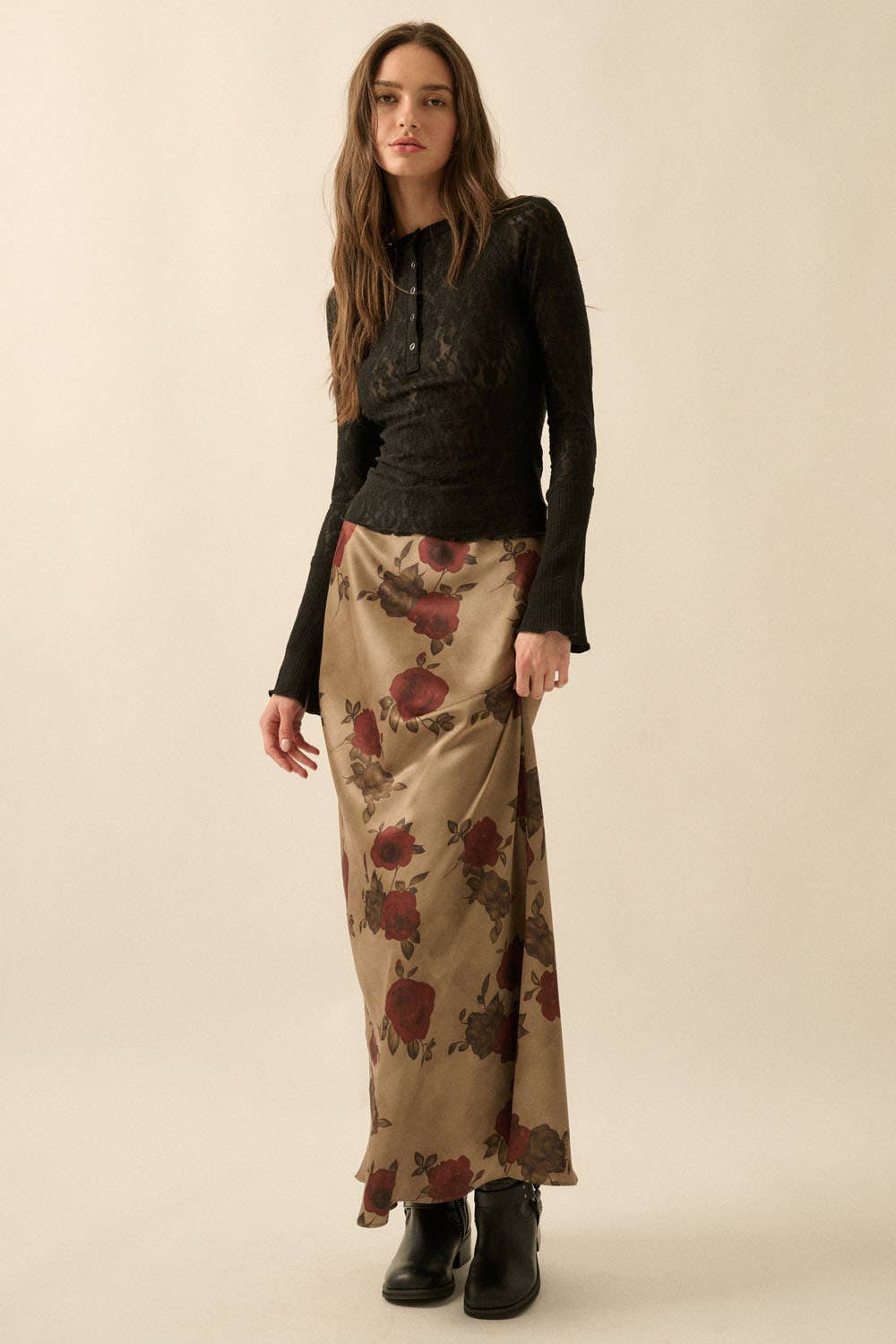 Floral-Print Satin  Maxi Skirt