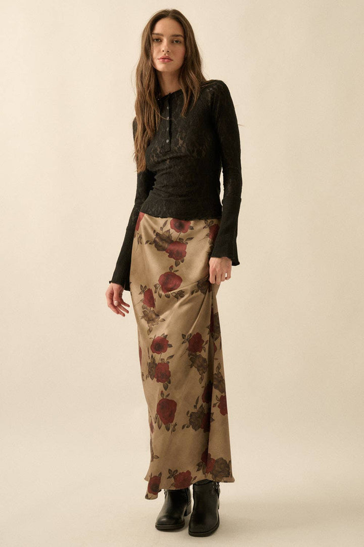Floral-Print Satin  Maxi Skirt
