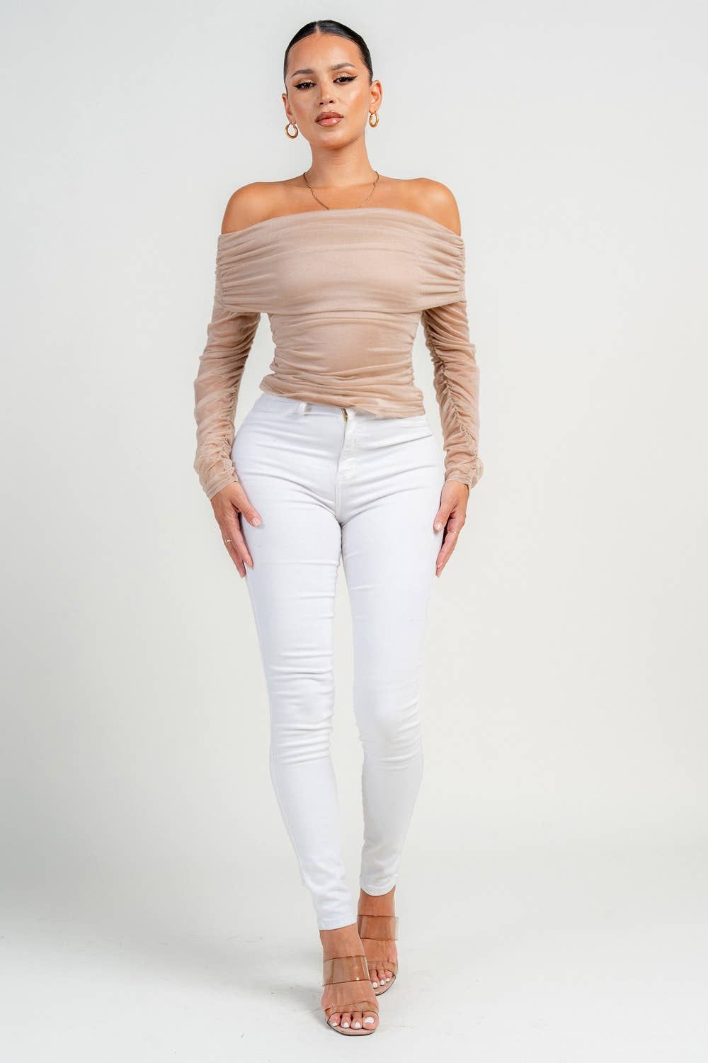 LONG SLEEVE OFF SHOULDER RUCHED TOP