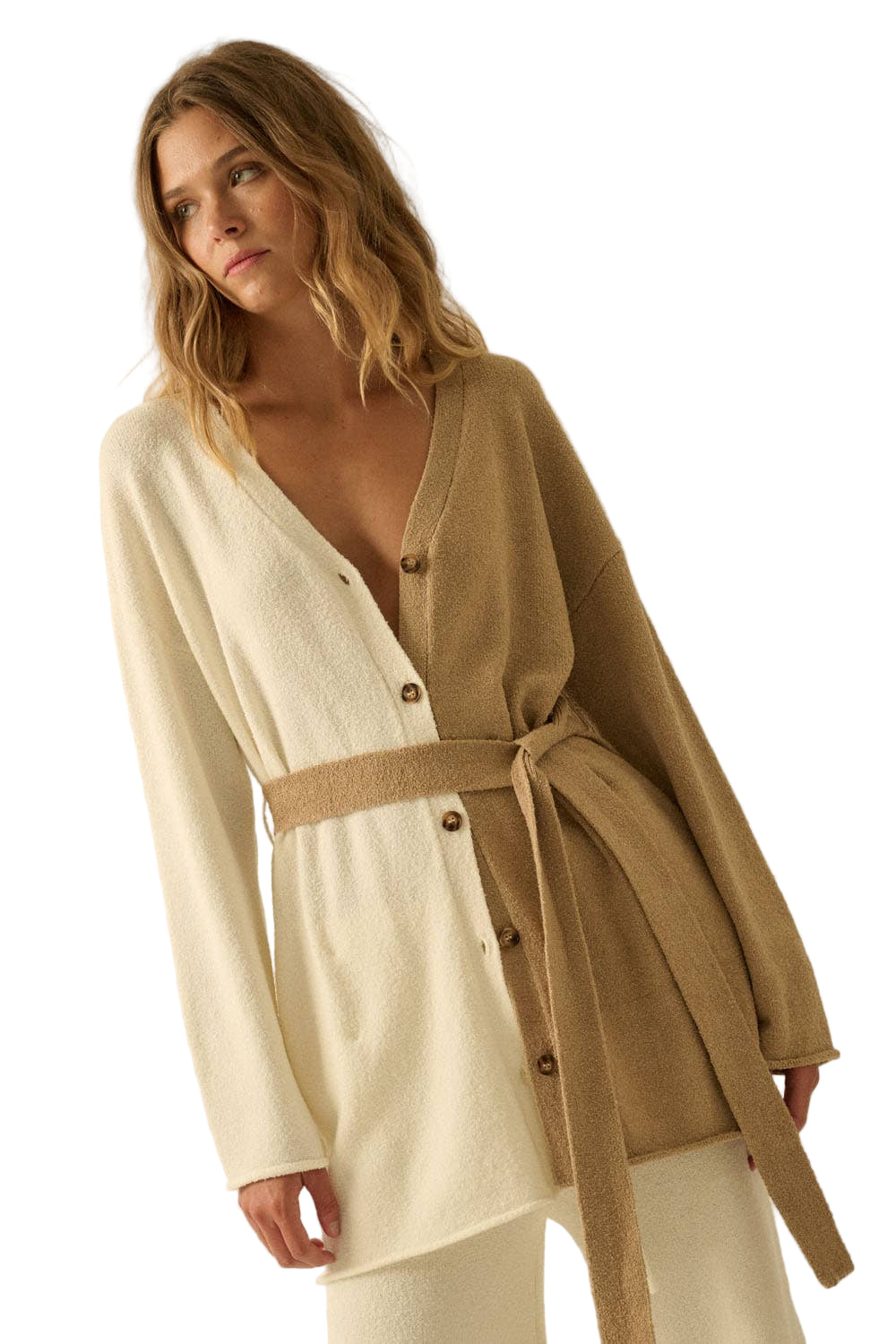 Textured Knit Colorblock Belted Cardigan