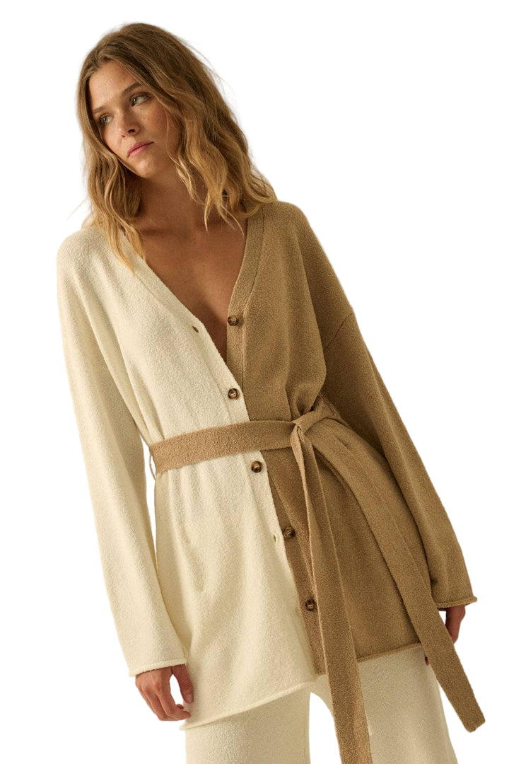 Textured Knit Colorblock Belted Cardigan