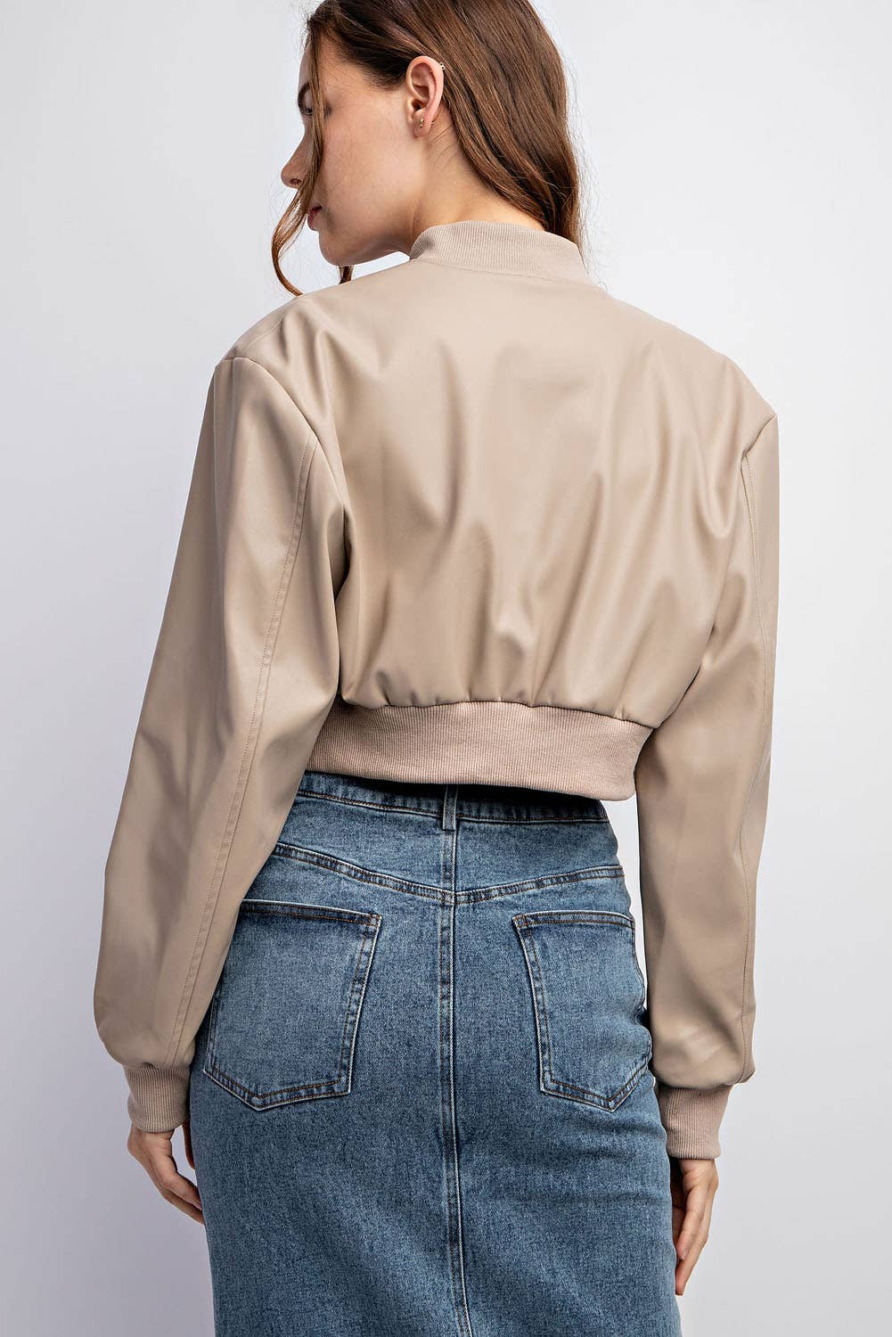 Faux Leather Bomber Cropped Jacket W/ Cont. Rib Band