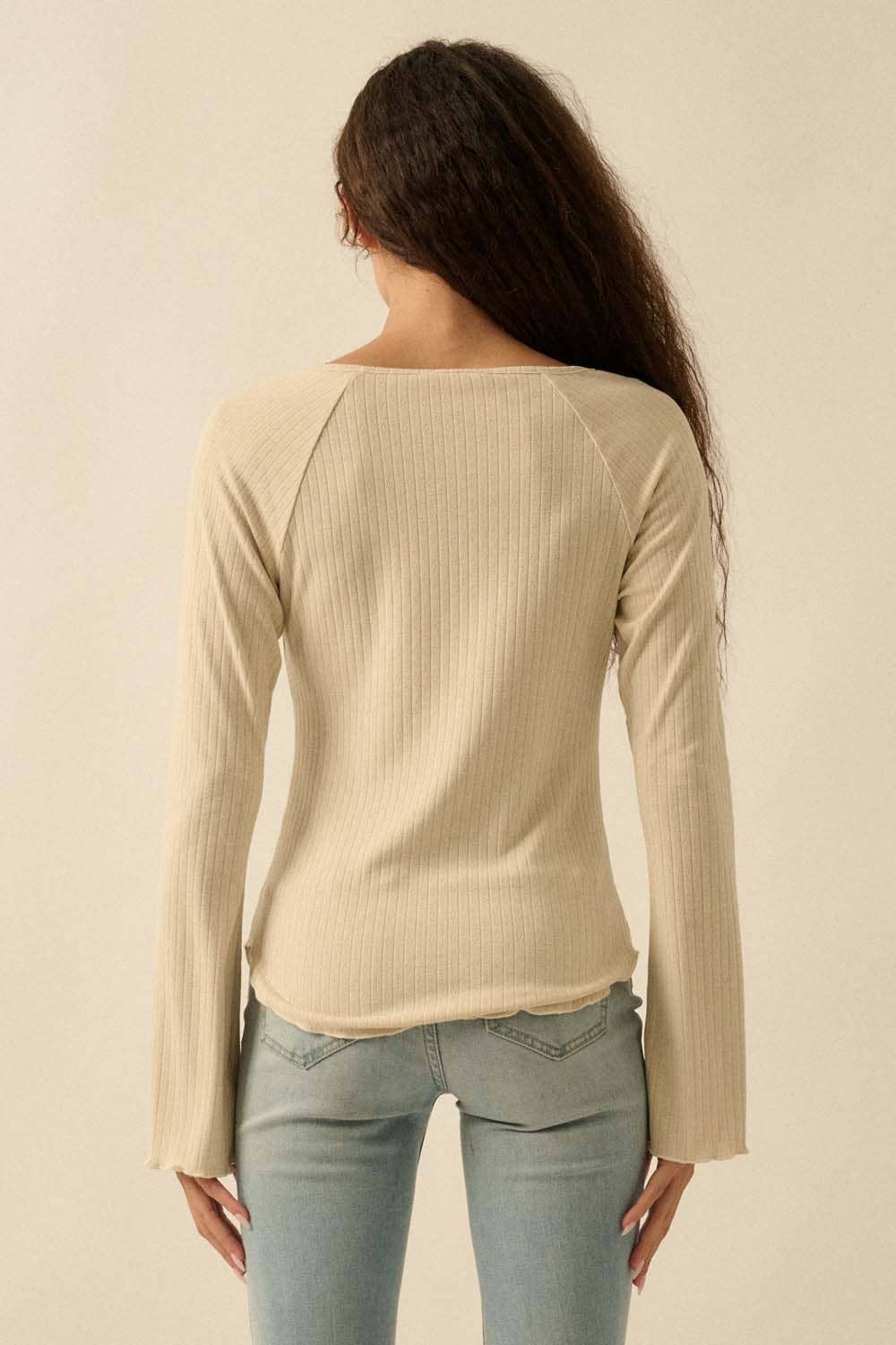 Solid V-Neck Fitted Ribbed Knit Top