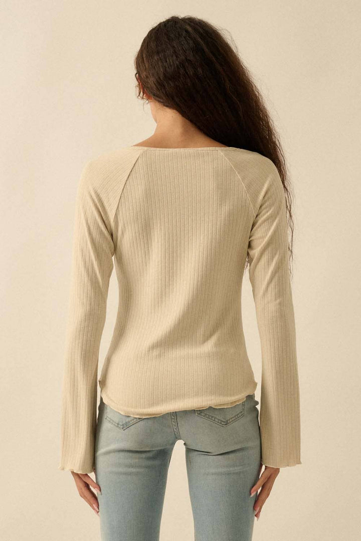 Solid V-Neck Fitted Ribbed Knit Top