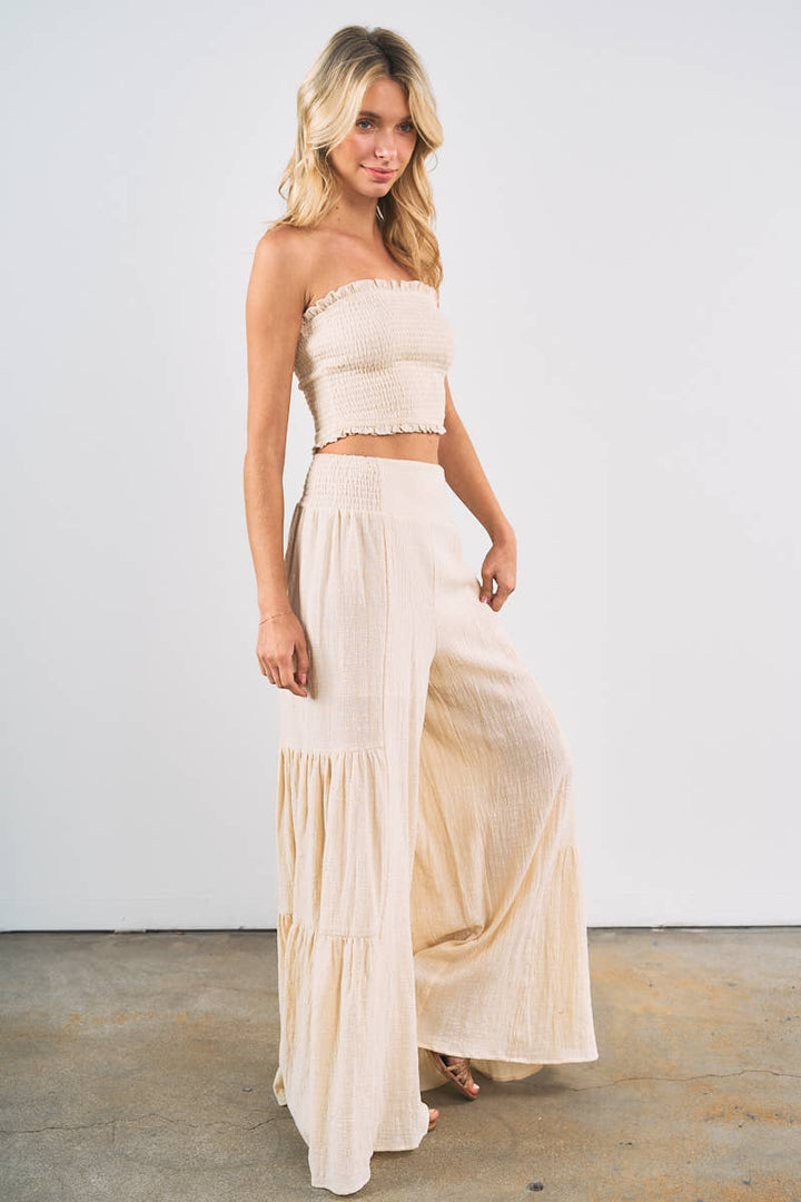 Smocked Tube Crop Top with Wide Leg Pants Set
