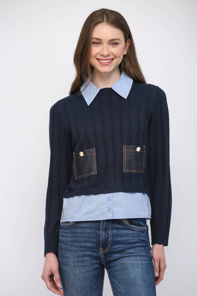 DENIM POCKET DETAIL TWOFER SWEATER