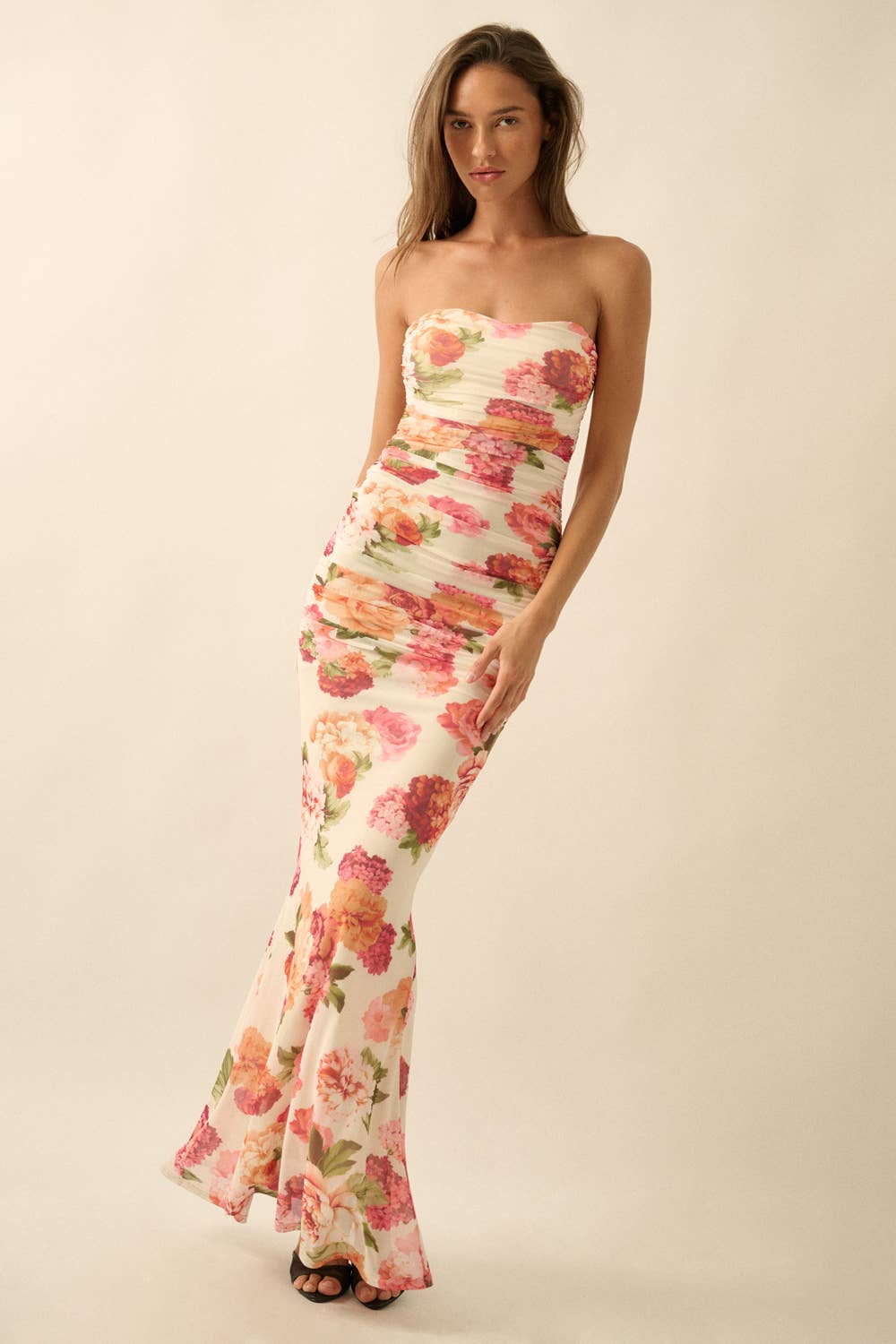 Rose Print Mesh Maxi Dress