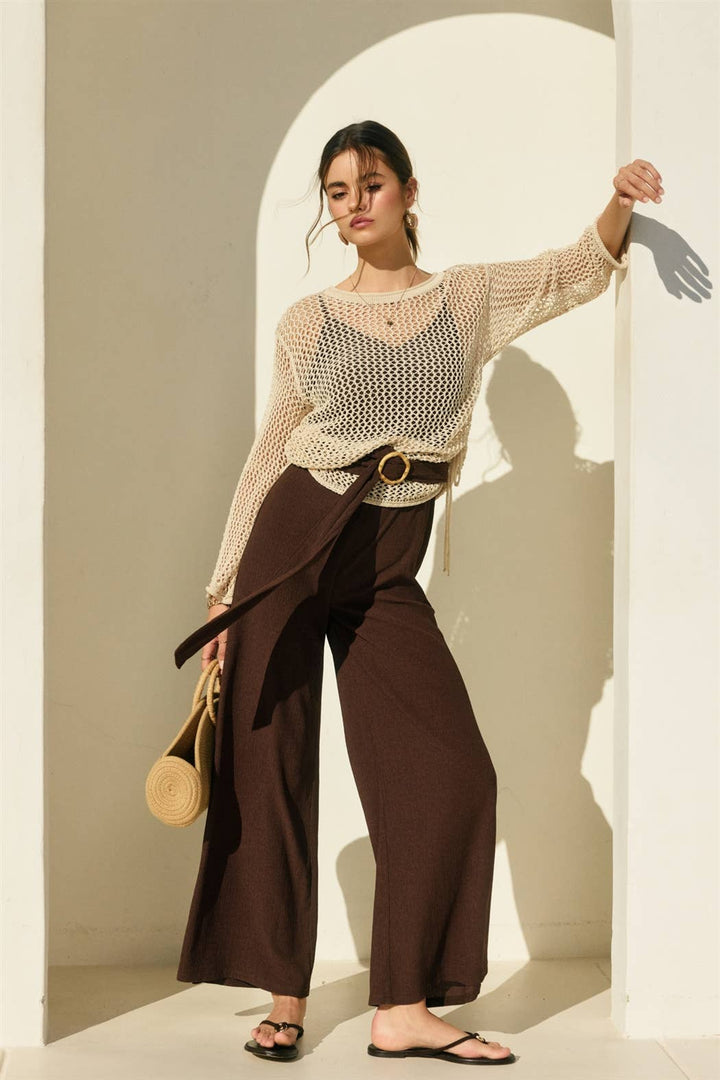 Ruched Side Long Sleeve Open Knitted Top