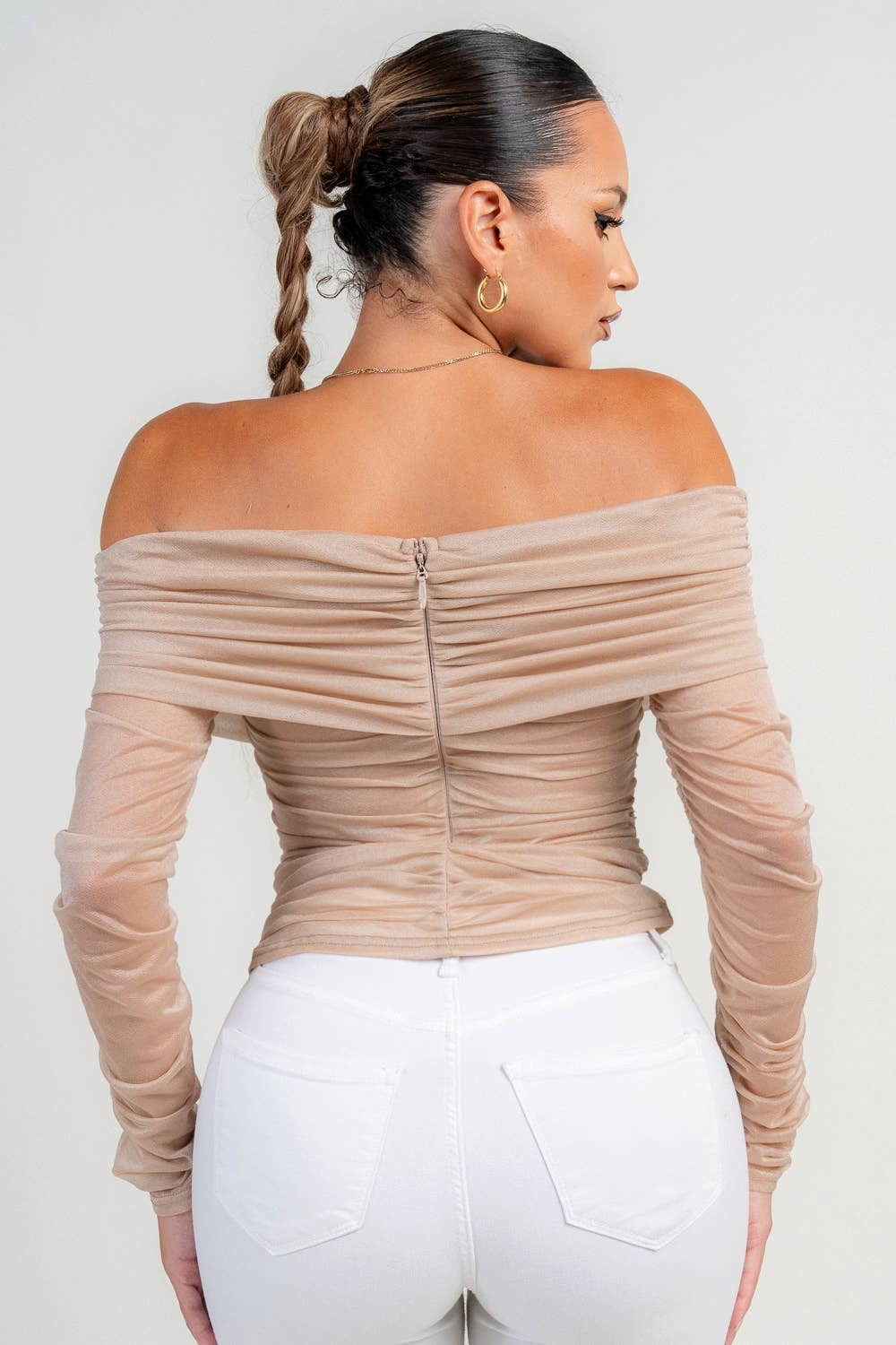 LONG SLEEVE OFF SHOULDER RUCHED TOP