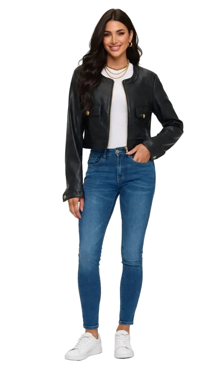 Cropped Faux Leather Jacket with Pocket Detail