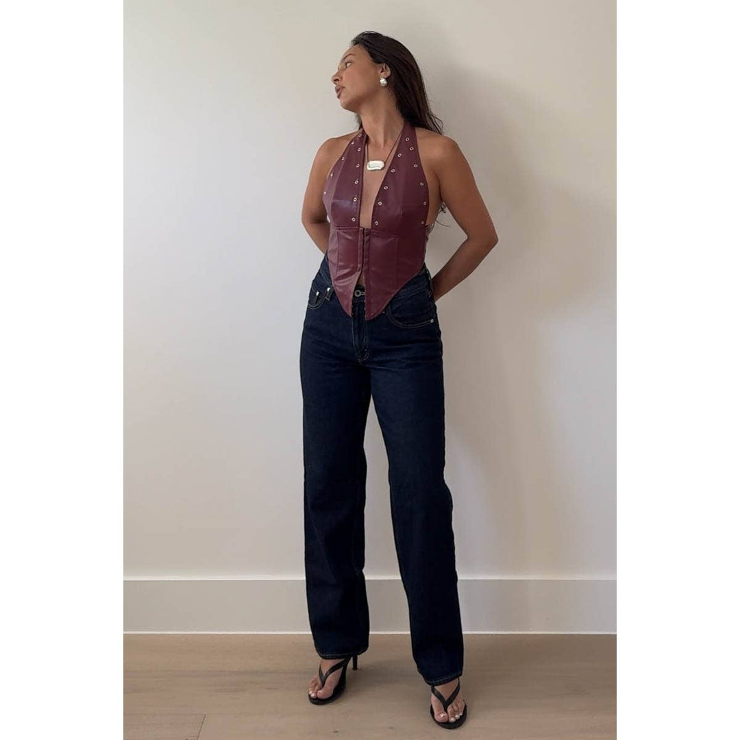 Faux Leather Eyelet Detail Halter Corset Top