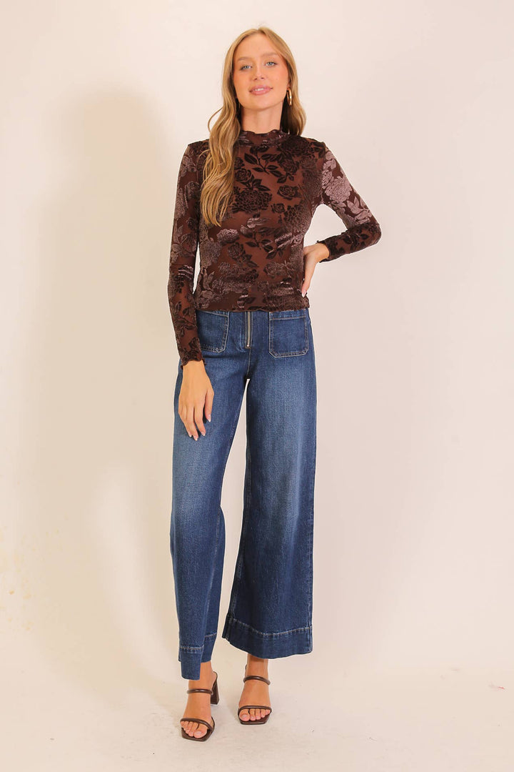 Floral Mesh Mock Neck Top