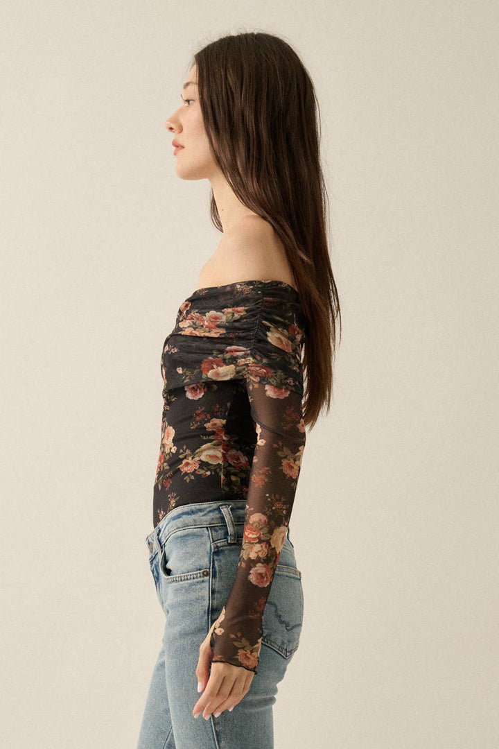 Floral Mesh Off-Shoulder Foldover Long-Sleeve Bodysuit