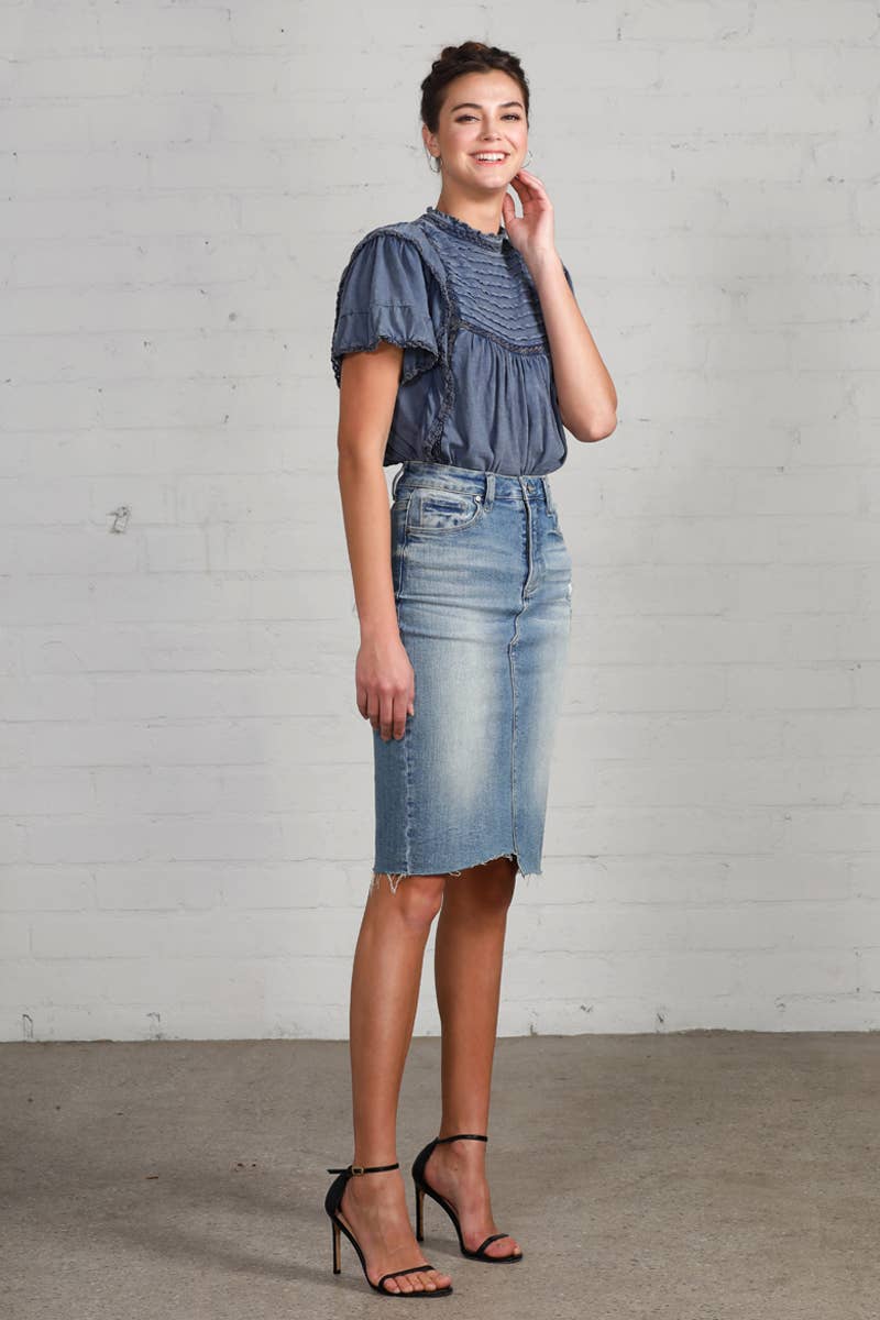 Raw Hem Knee Length Denim Skirt