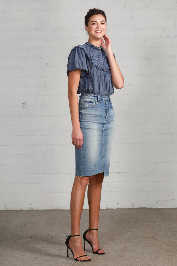 Raw Hem Knee Length Denim Skirt