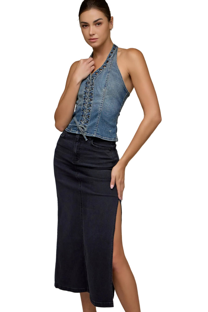 Black Side Slit Stretch Midi Skirt