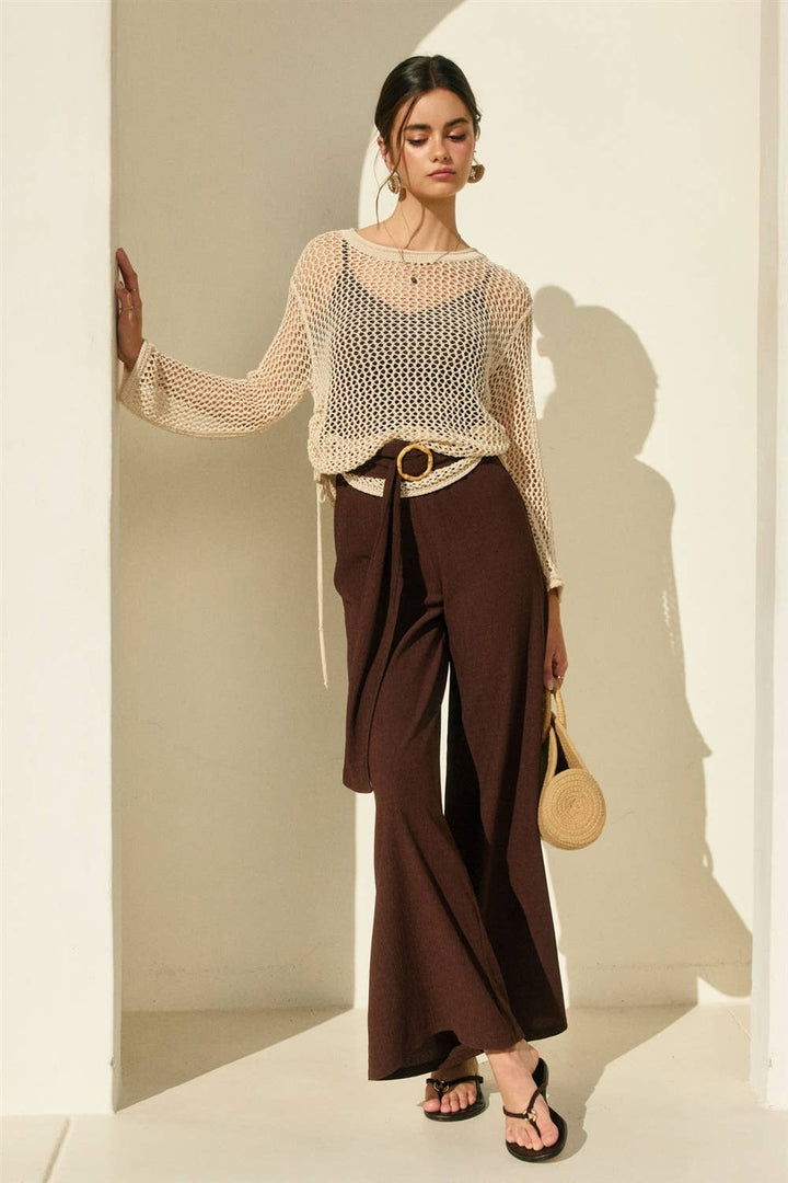 Ruched Side Long Sleeve Open Knitted Top