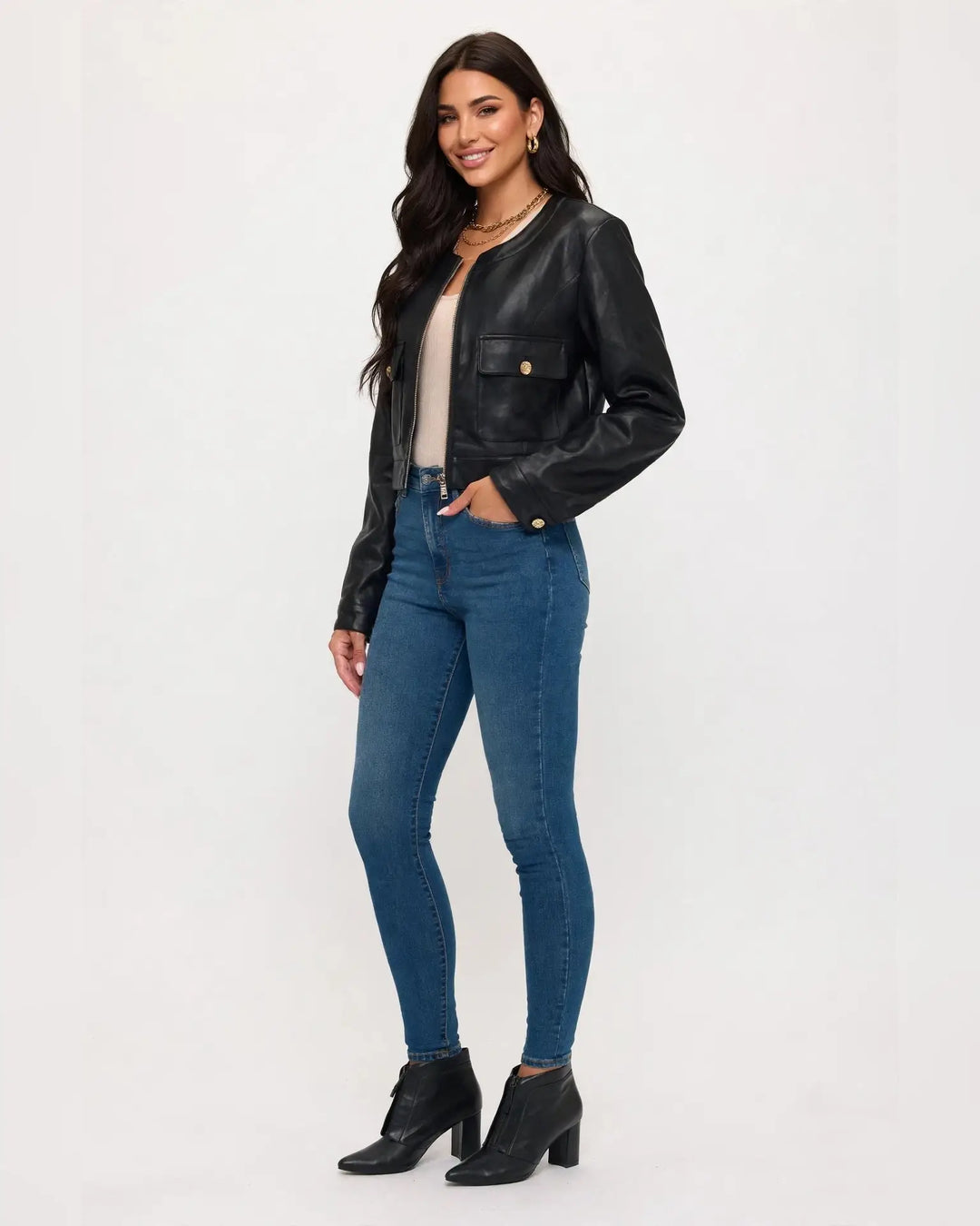 Cropped Faux Leather Jacket with Pocket Detail