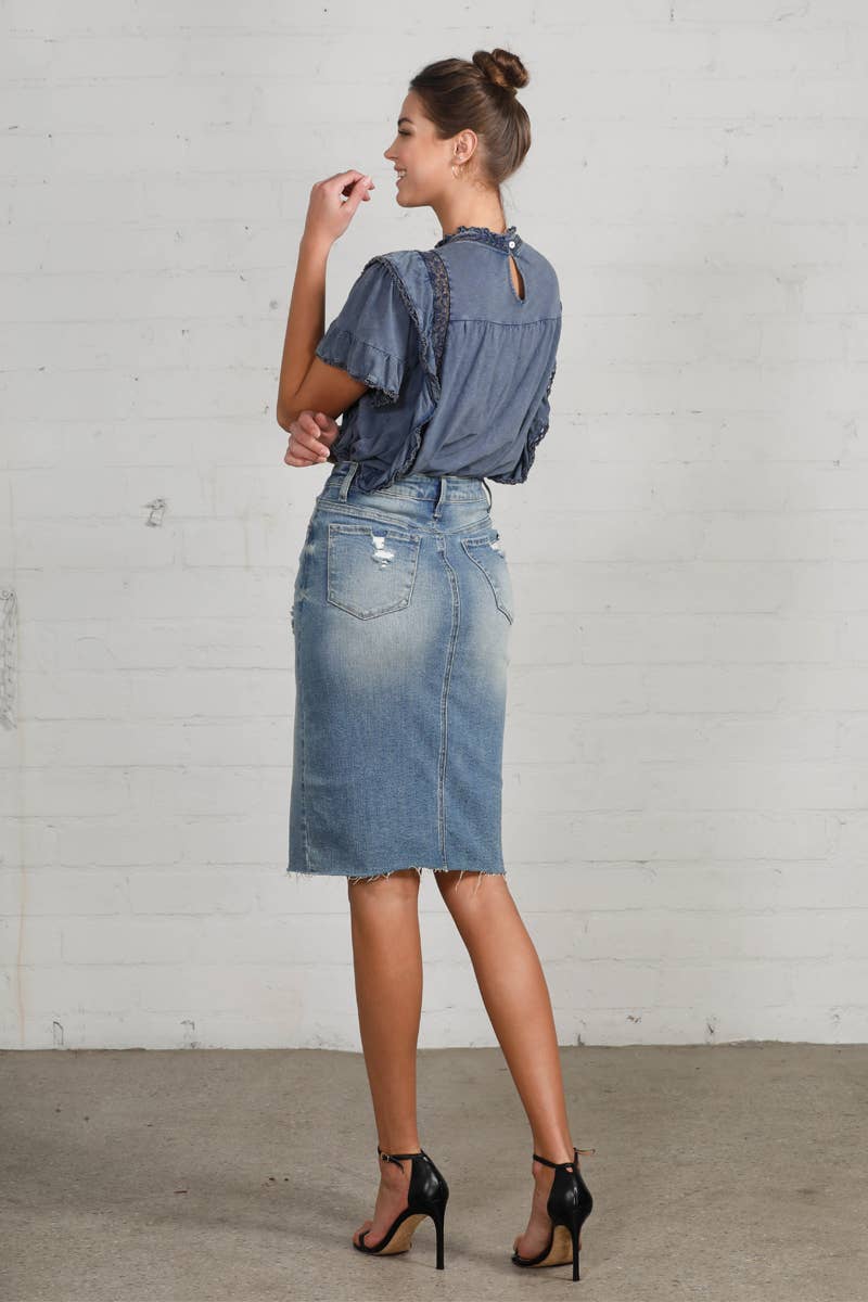 Raw Hem Knee Length Denim Skirt