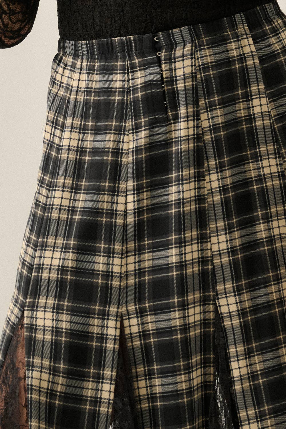 Plaid and Lace Godet Pleated A-Line Elastic Waist Maxi Skirt