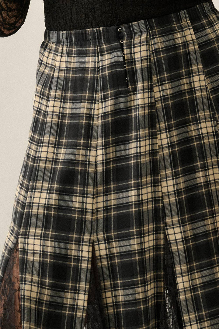 Plaid and Lace Godet Pleated A-Line Elastic Waist Maxi Skirt