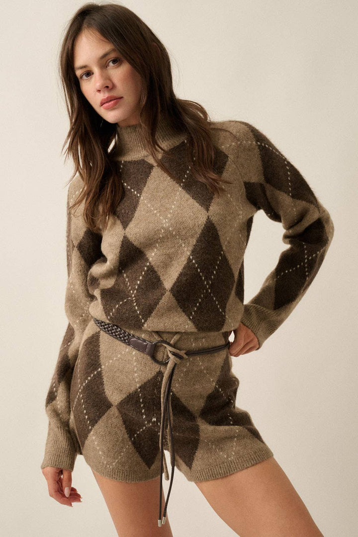 Argyle Jacquard Drawstring Sweater Romper