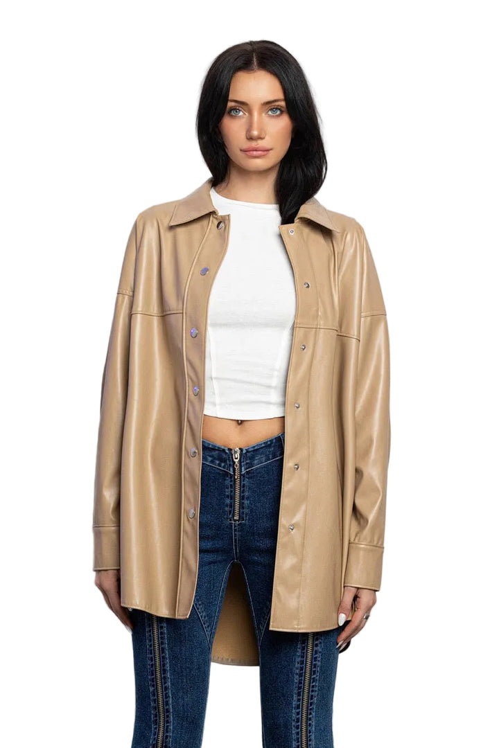 Faux leather fringe detail shacket