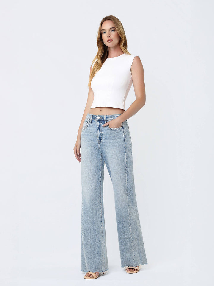 High Rise Raw Hem Flare Jeans