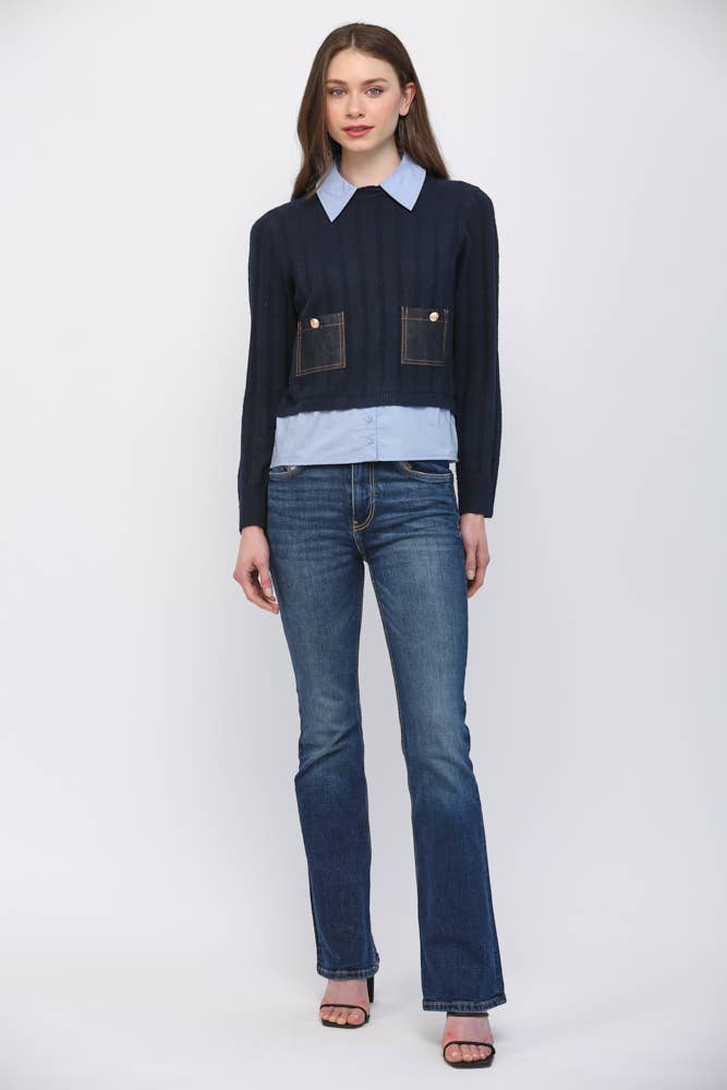 DENIM POCKET DETAIL TWOFER SWEATER