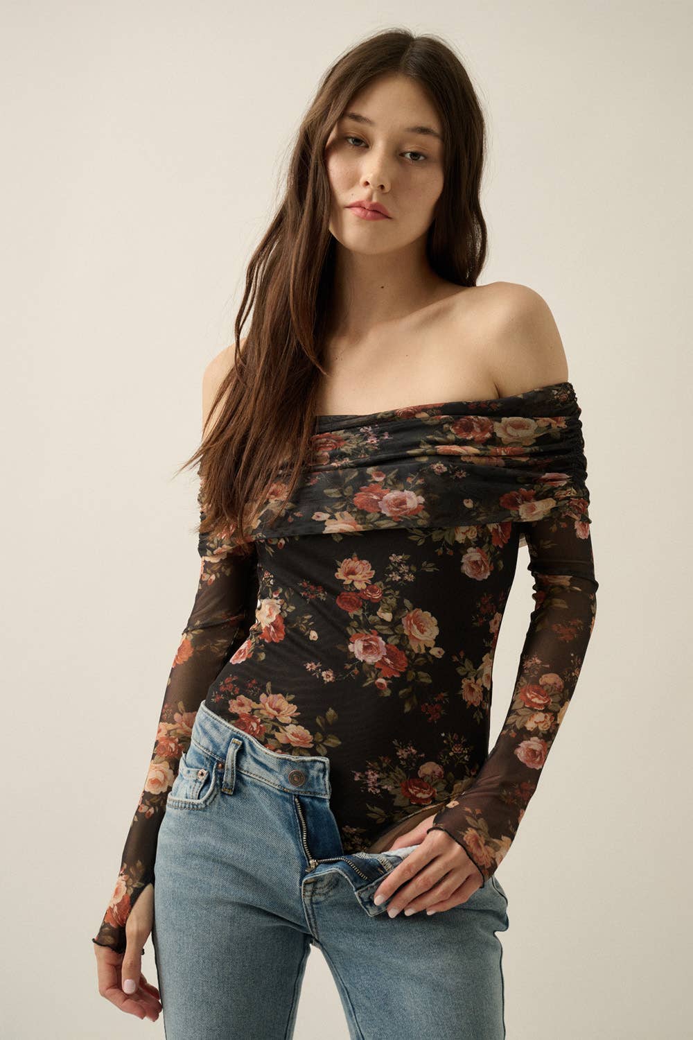 Floral Mesh Off-Shoulder Foldover Long-Sleeve Bodysuit