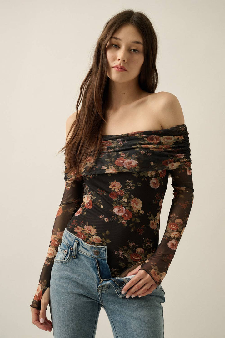 Floral Mesh Off-Shoulder Foldover Long-Sleeve Bodysuit
