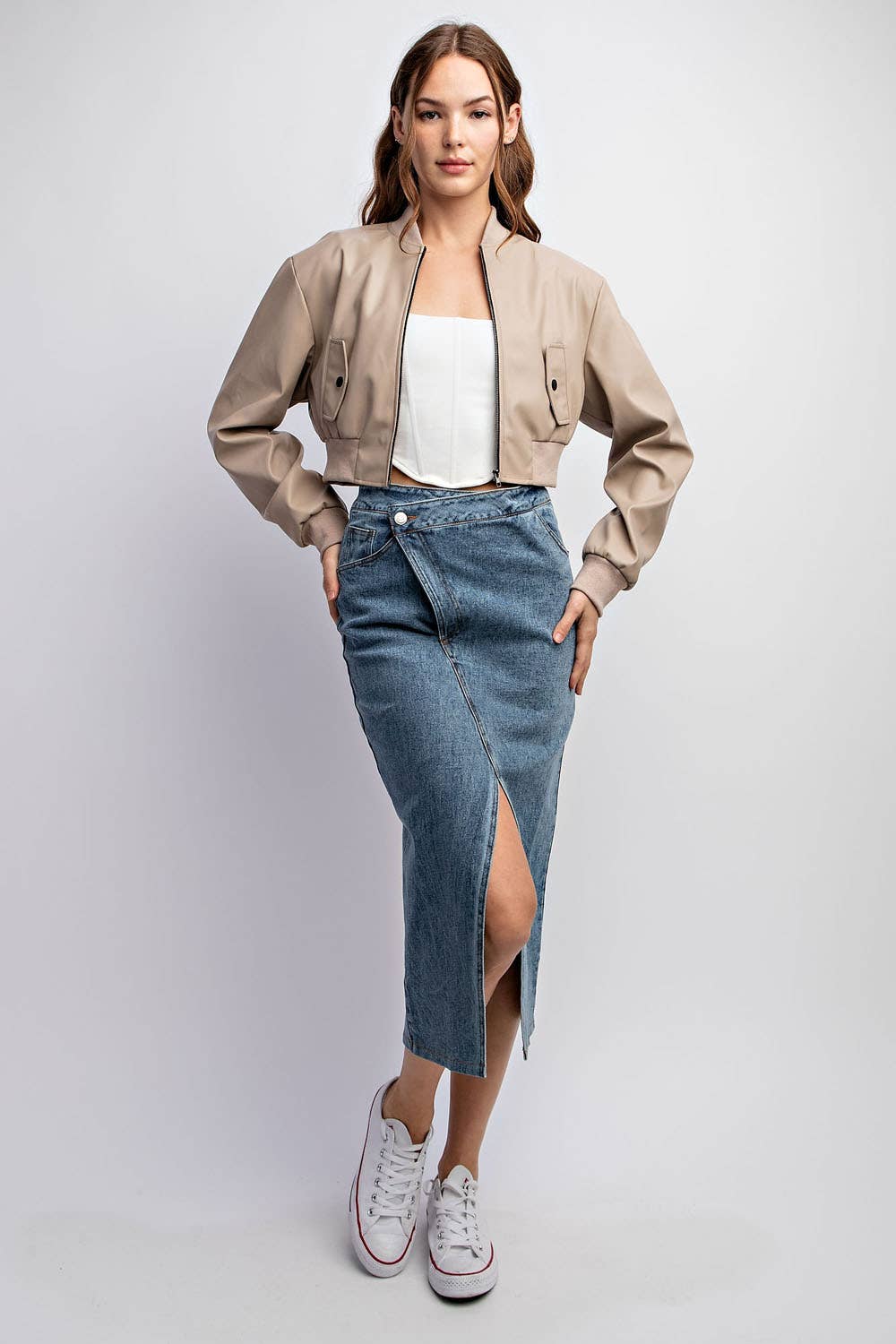 Faux Leather Bomber Cropped Jacket W/ Cont. Rib Band