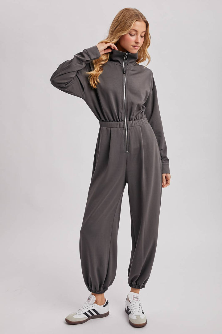 ZIP-UP COLLARED JOGGER JUMPSUIT