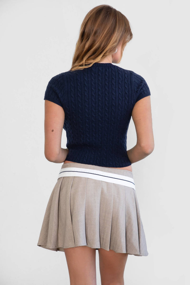 Contrast Waist Preppy Pleated Mini Skirt