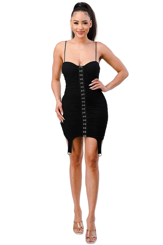 RUCHED CORSET BODYCON DRESS WITH SILVER HARDWARE S / Black