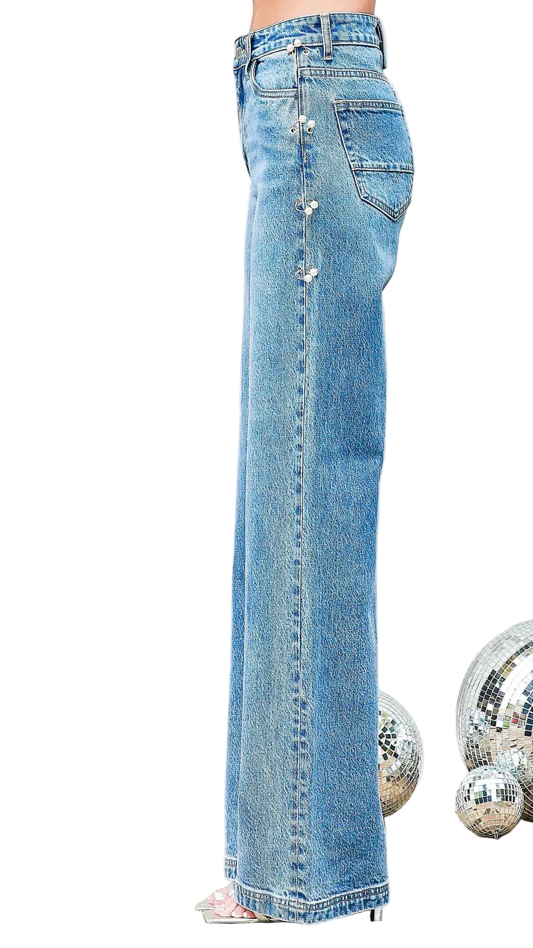 Pearl Ring Detail Straight Leg Jeans