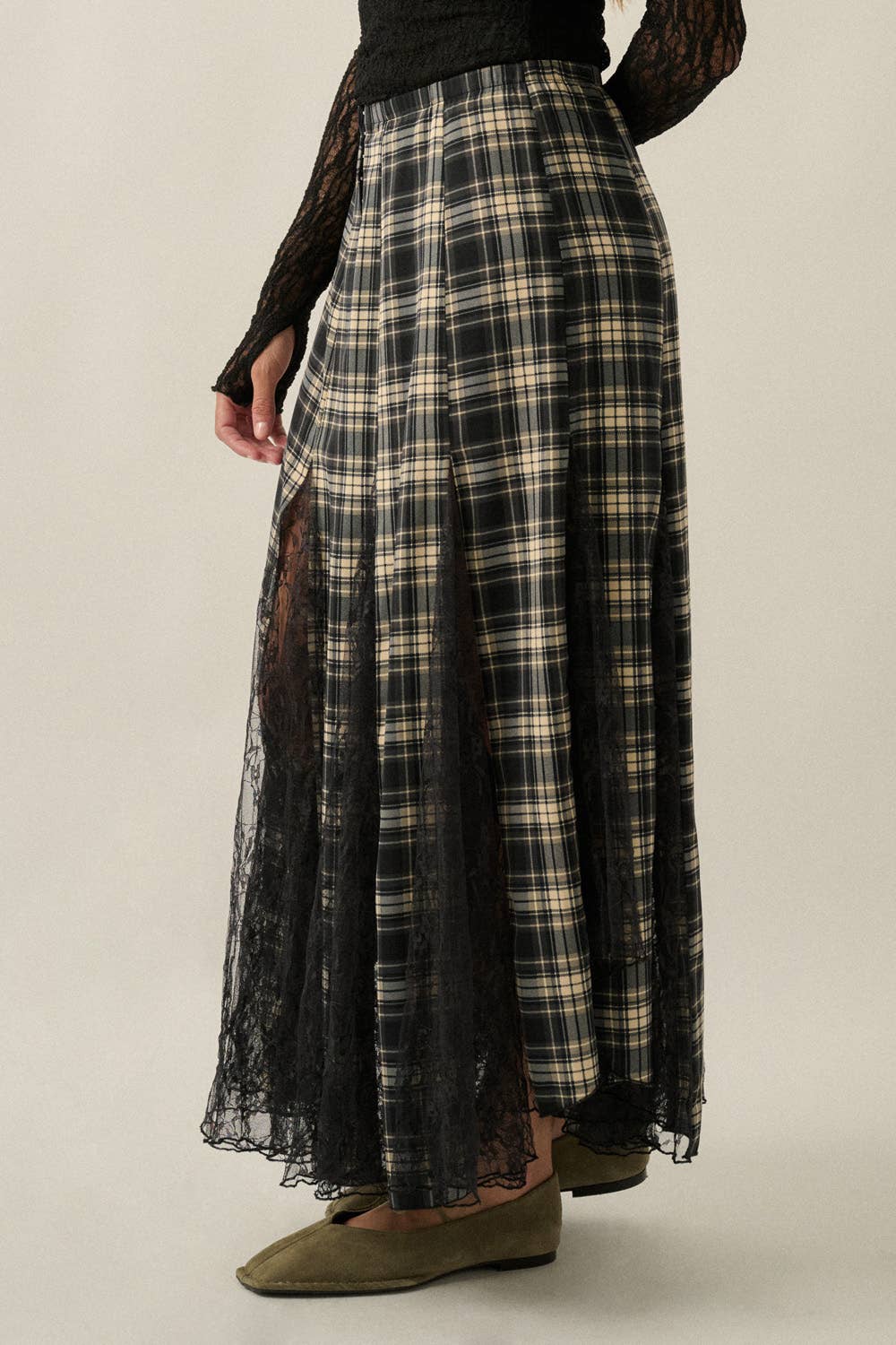 Plaid and Lace Godet Pleated A-Line Elastic Waist Maxi Skirt
