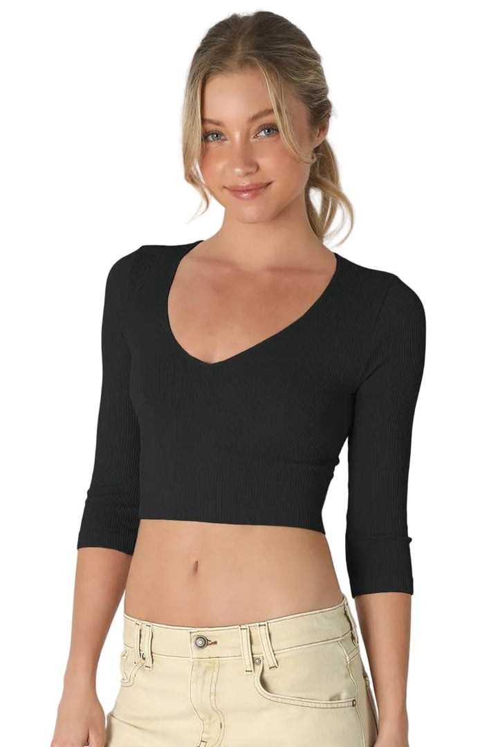 Ribbed 3/4 Sleeve V Neck Crop Top