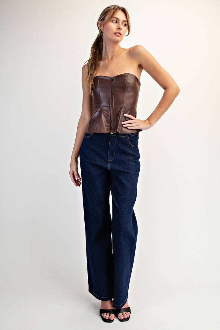 Faux Leather Zip Up Front Bandeau Peplum Top