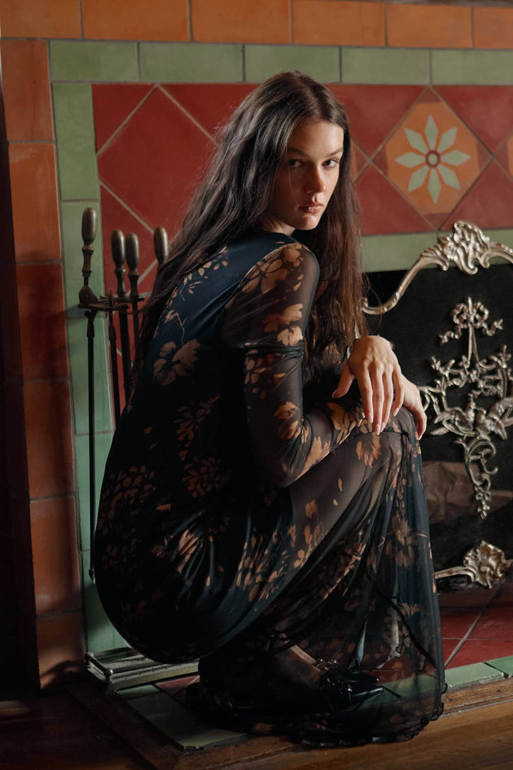 Floral Mesh Mock-Neck Long-Sleeve Maxi Dress