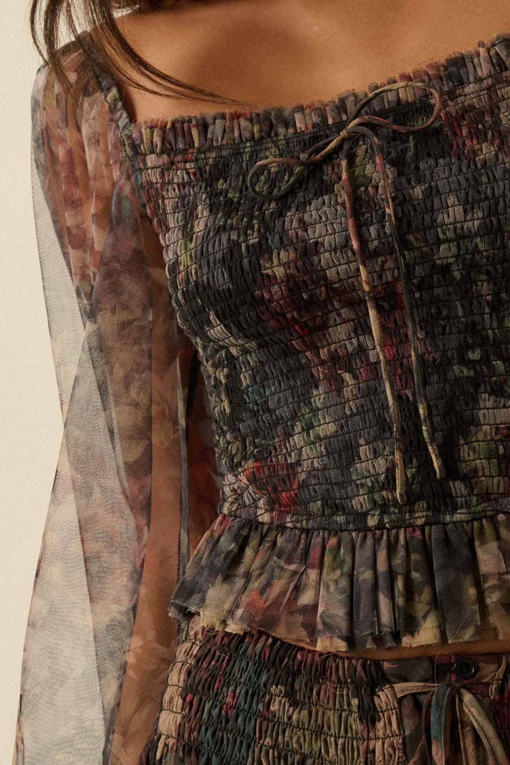 Layered Floral-Print Tulle Top