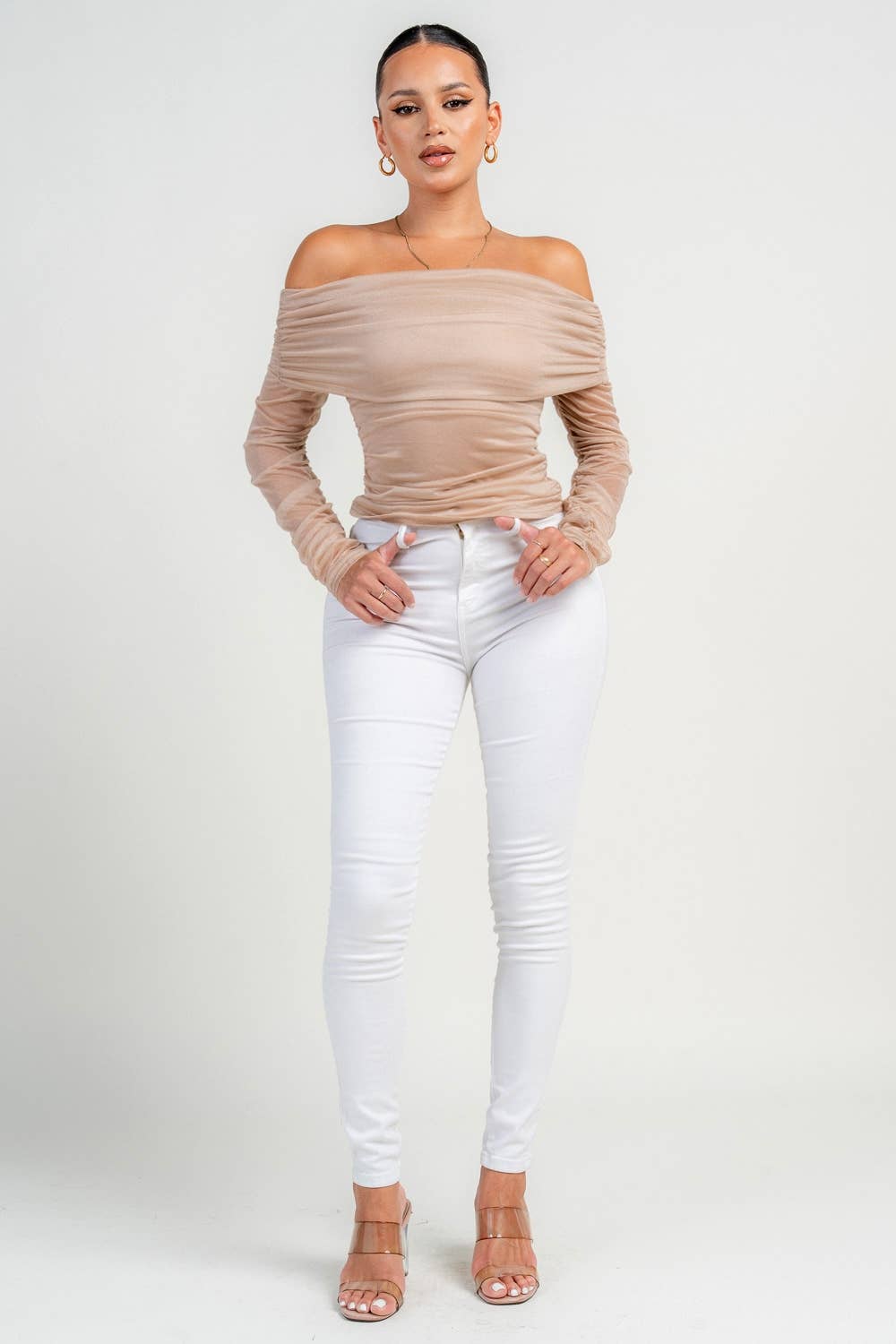 LONG SLEEVE OFF SHOULDER RUCHED TOP