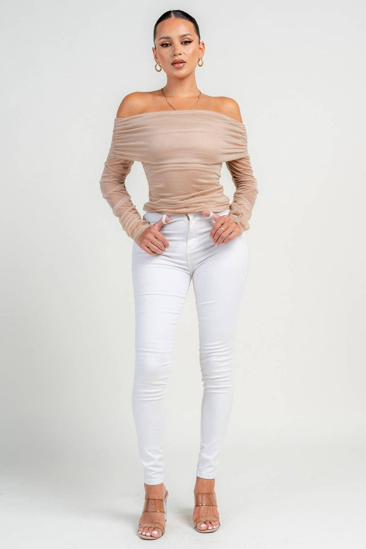 LONG SLEEVE OFF SHOULDER RUCHED TOP