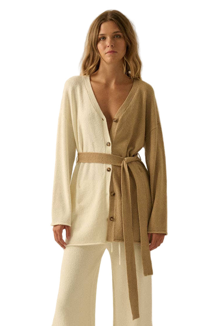 Textured Knit Colorblock Belted Cardigan