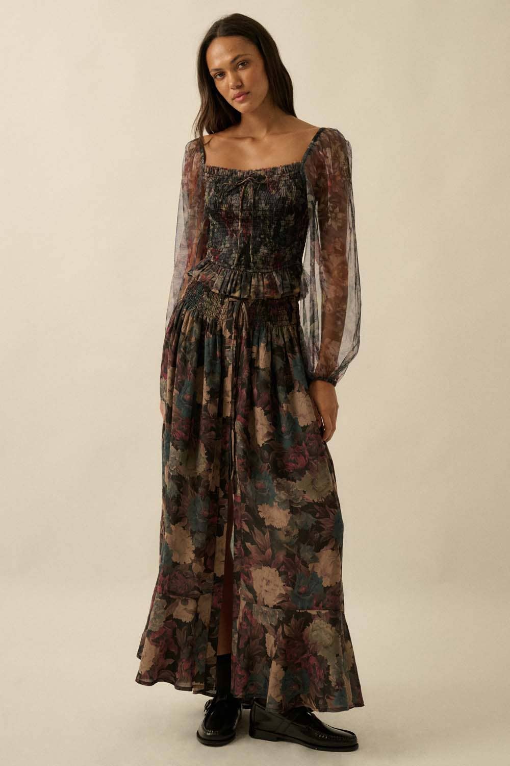 Layered Floral-Print Tulle Top