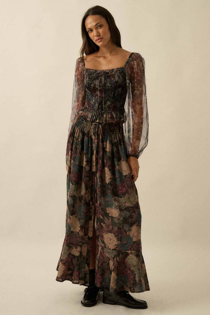 Layered Floral-Print Tulle Top