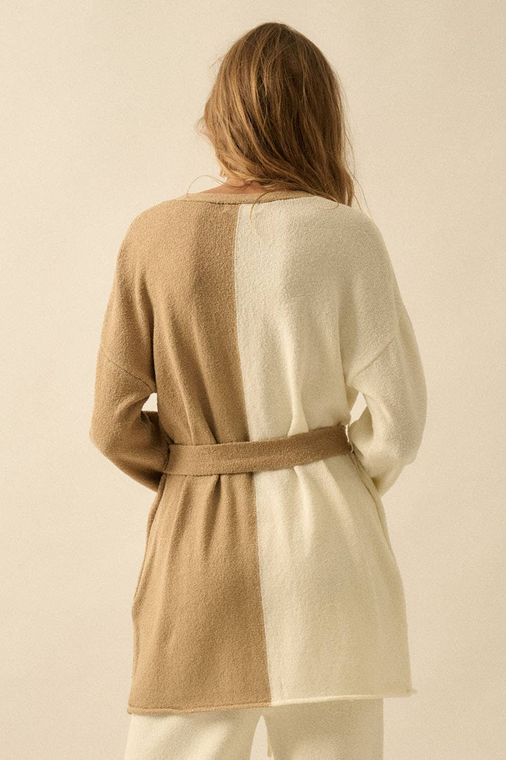 Textured Knit Colorblock Belted Cardigan